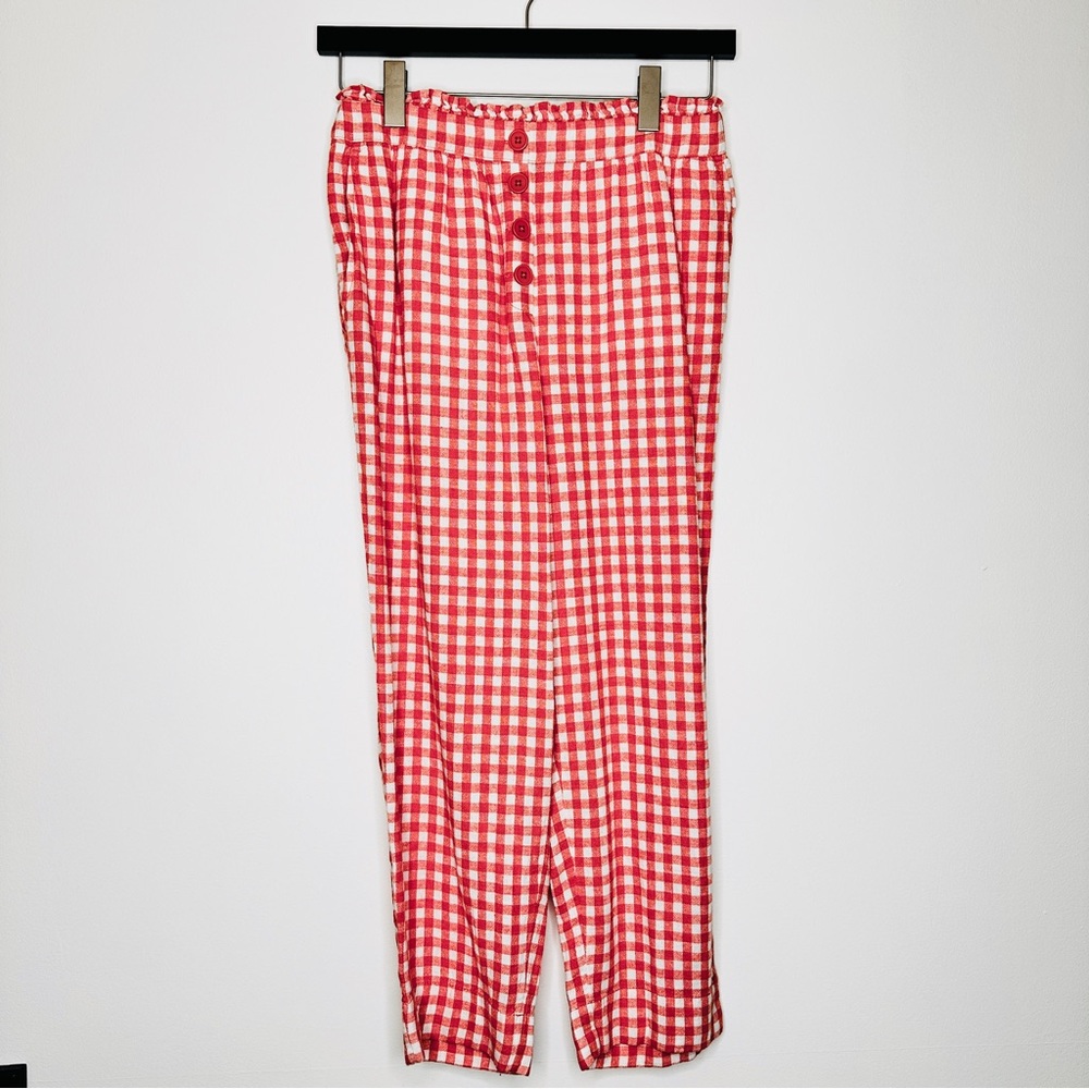LOFT Ann Taylor Plaid Gingham High Waisted Petite Straight Leg Linen Check Pants